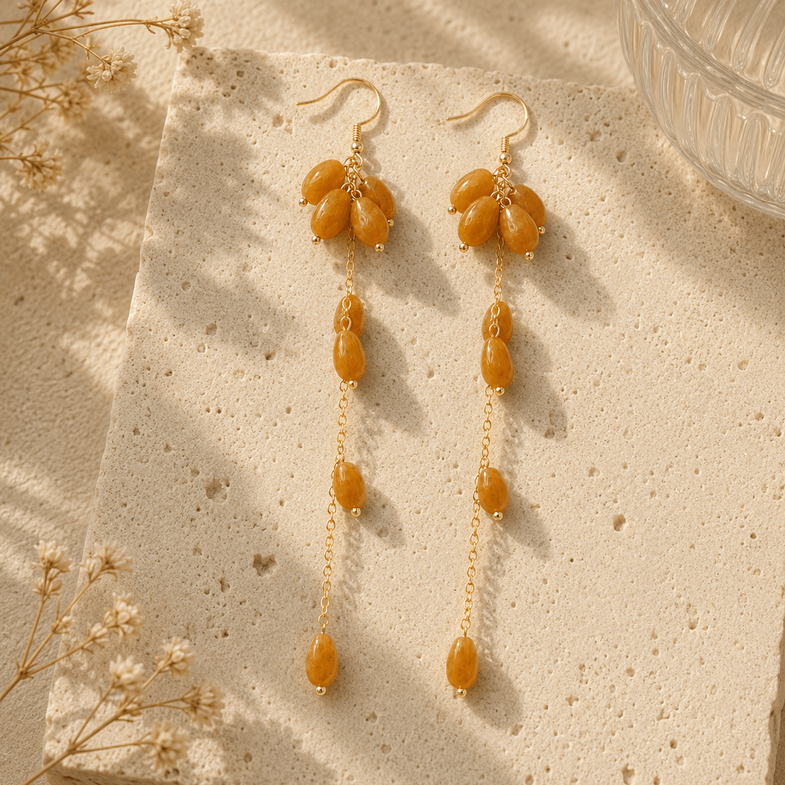 Golden Jade Cascade Long Drop Earrings