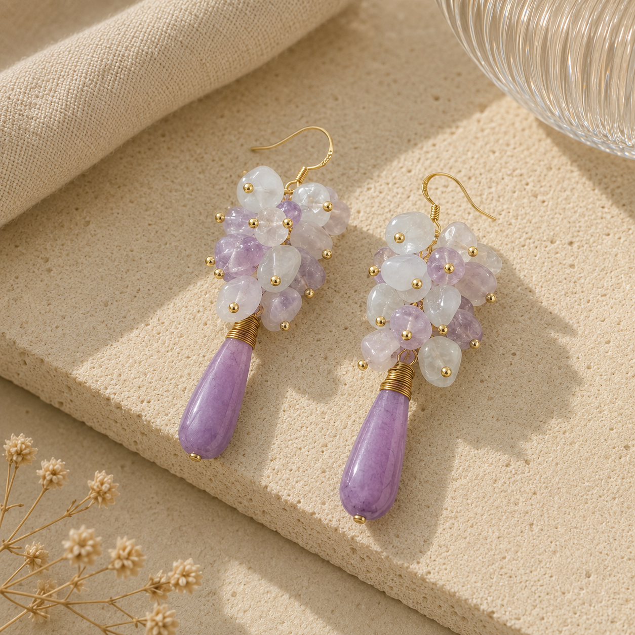Amethyst & White Quartz Cascade Earrings