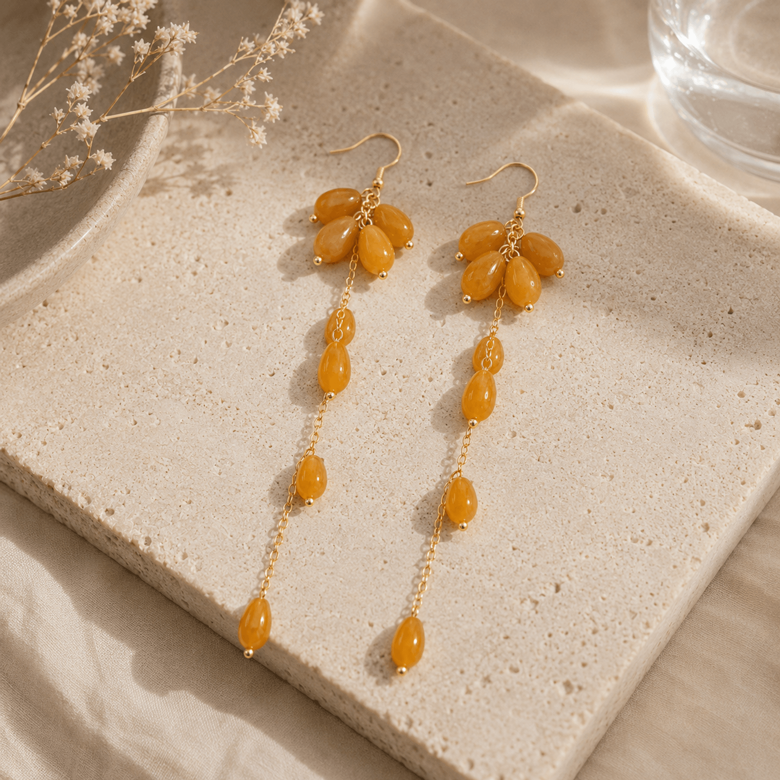 Golden Jade Cascade Long Drop Earrings
