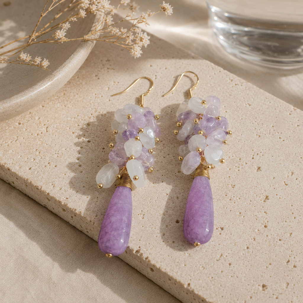 Amethyst & White Quartz Cascade Earrings