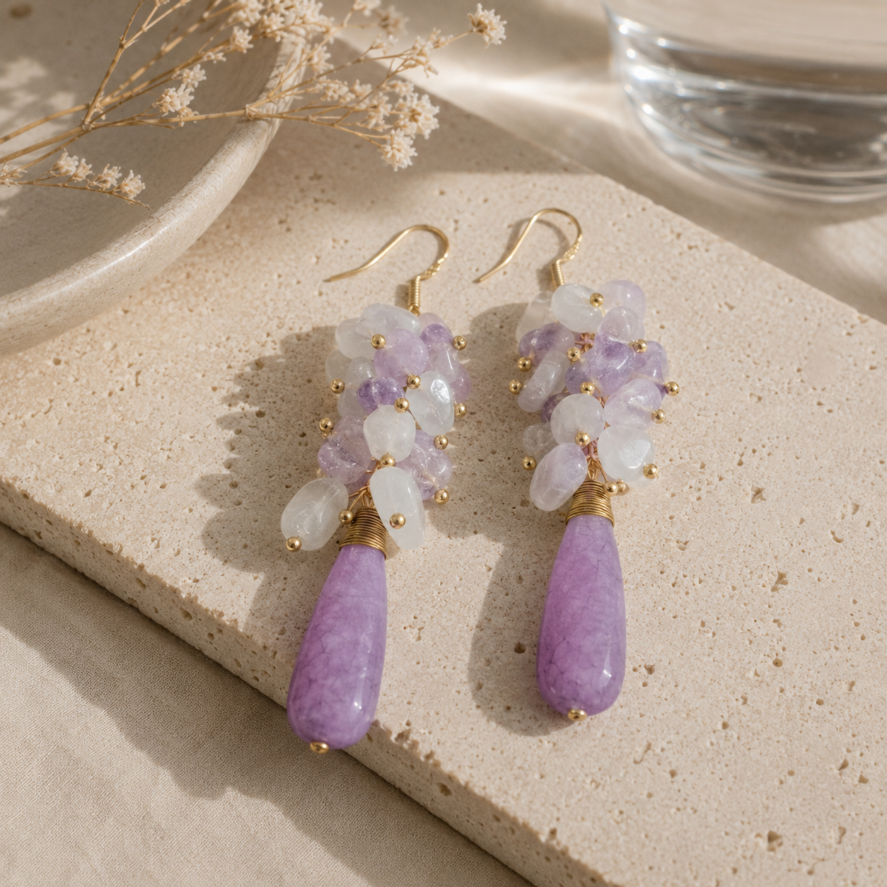 Amethyst & White Quartz Cascade Earrings
