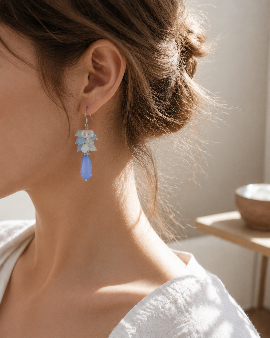 Aquamarine & White Crystal Handmade Drop Earrings