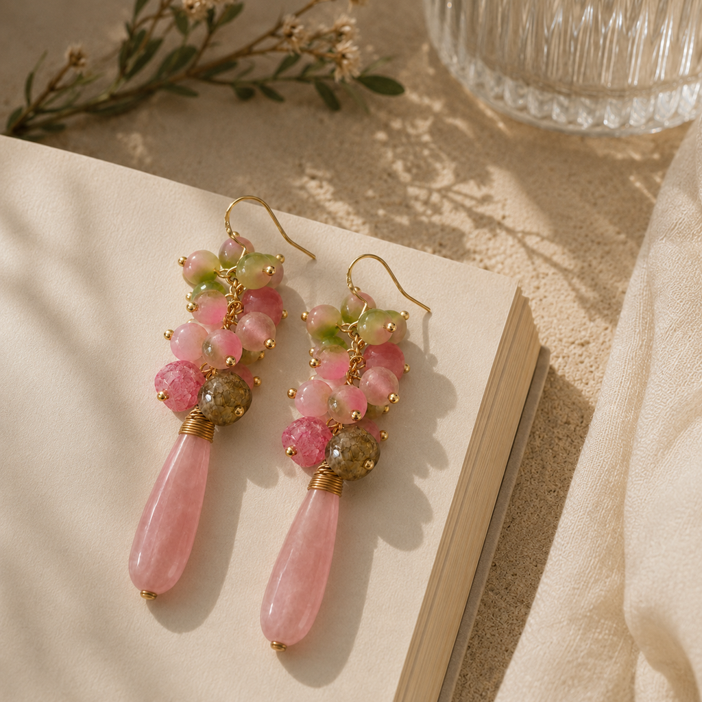 Rose Quartz & Chalcedony Cascade Earrings