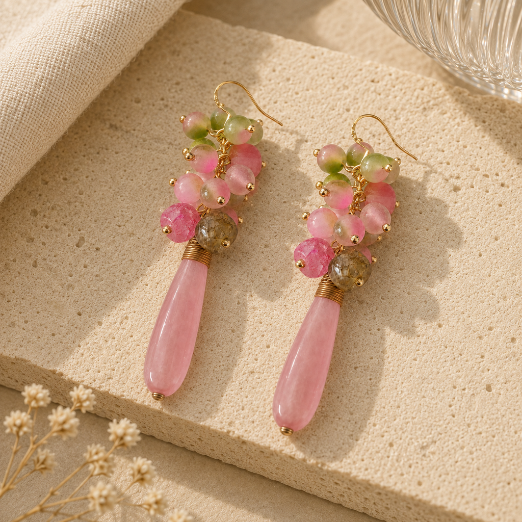 Rose Quartz & Chalcedony Cascade Earrings
