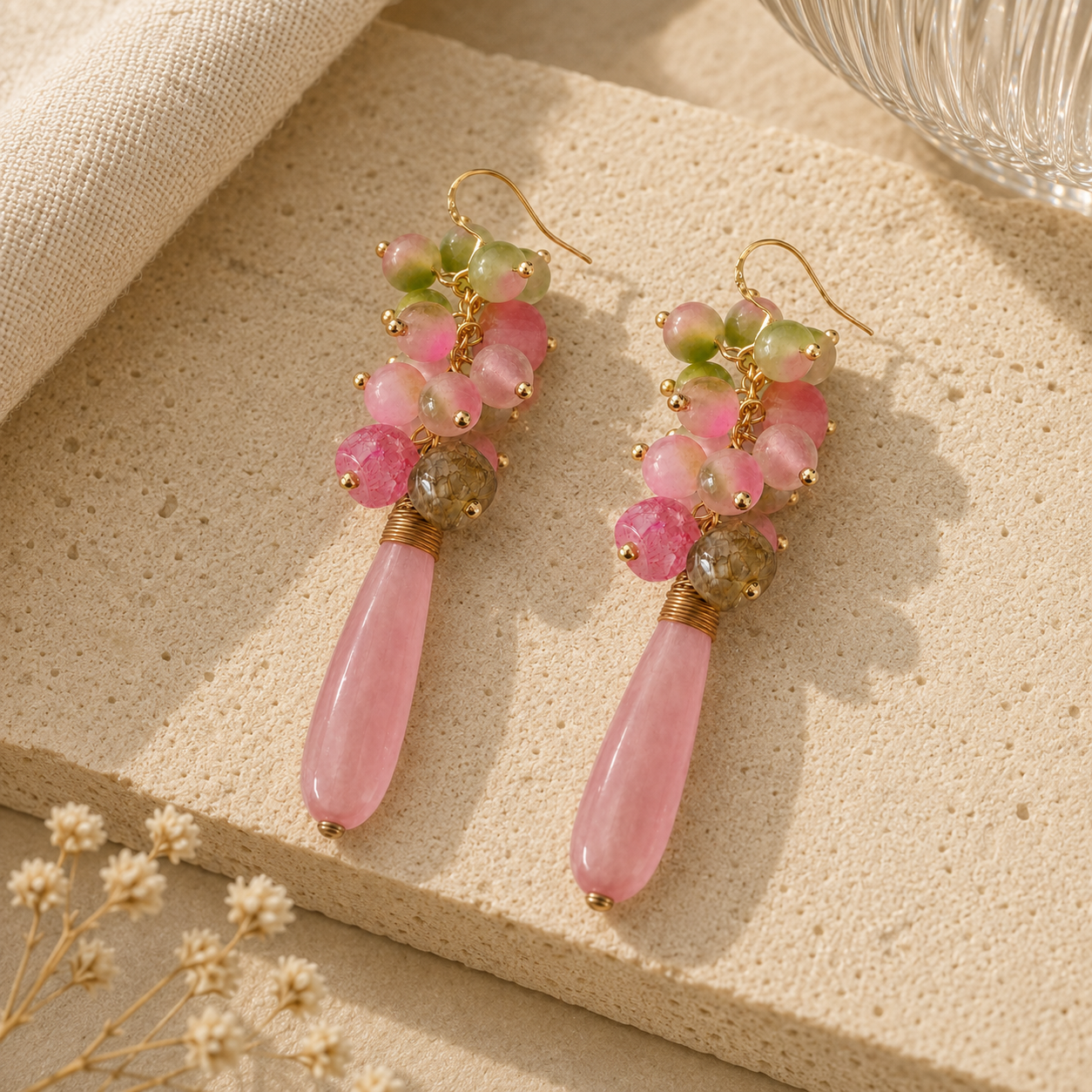 Rose Quartz & Chalcedony Cascade Earrings