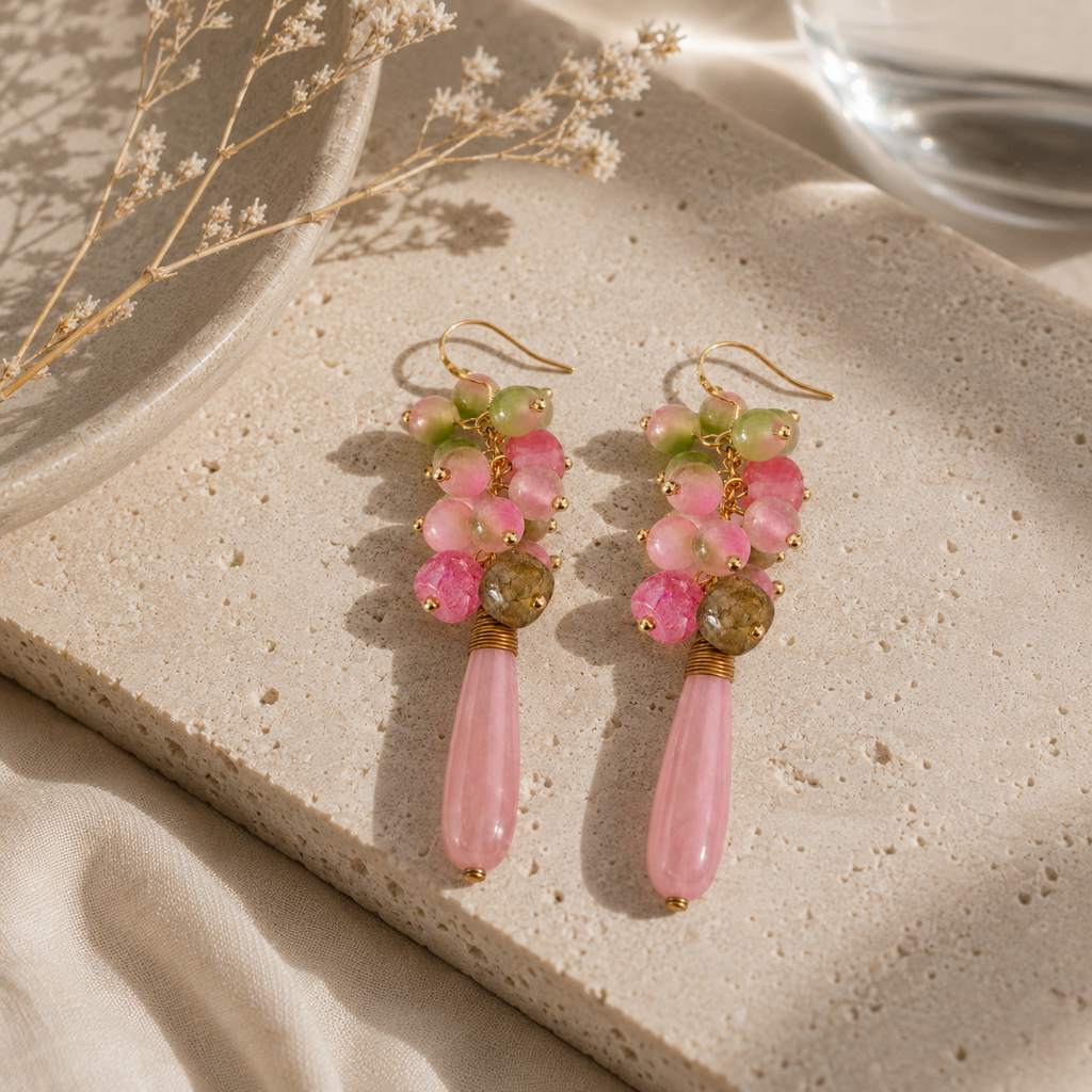 Rose Quartz & Chalcedony Cascade Earrings
