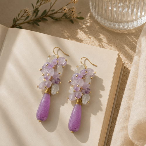 Amethyst & White Quartz Cascade Earrings